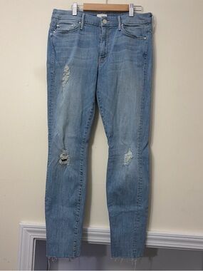 MOTHER Light Blue Skinny Jeans with Ripped Knees
